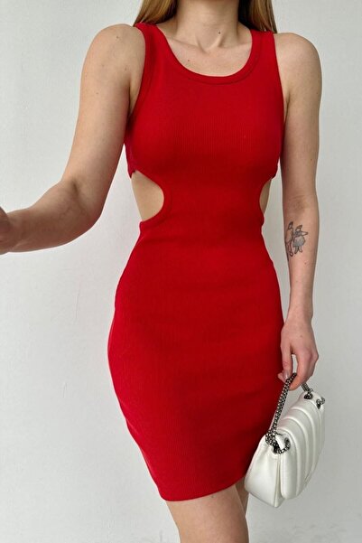 bayansepeti Red Flexible Camisole Fabric Low-cut Detailed Strappy Mini Dress 582042