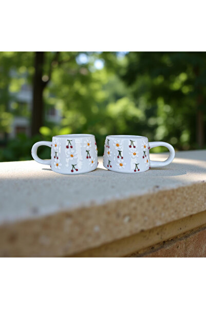 İlbay Çini Takı Ceramic Double Baby Cherry Daisy Mug Cup