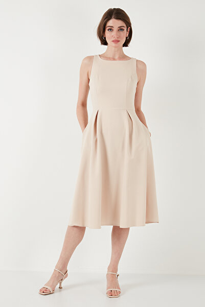 Lela Bisiklet Yaka Regular Fit Cepli Pileli Midi Elbise ELBİSE 6051963