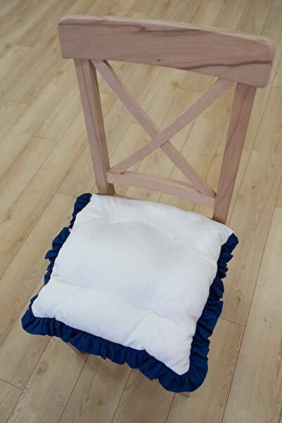 GOCCIA Mavi Beyaz Fırfırlı Özel Dikişli Sandalye Minderi Dolgulu Kare Bağcıklı Yıkanabilir 40x40 cm