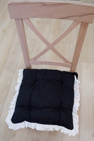 GOCCIA Siyah Beyaz Fırfırlı Özel Dikişli Sandalye Minderi Dolgulu Kare Bağcıklı Yıkanabilir 40x40 cm