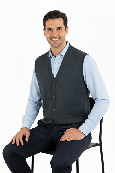 Oppland Men's V-Neck Buttoned Pocket Classic Model Comfortable Cut Full Pattern Woolen Woven Vest