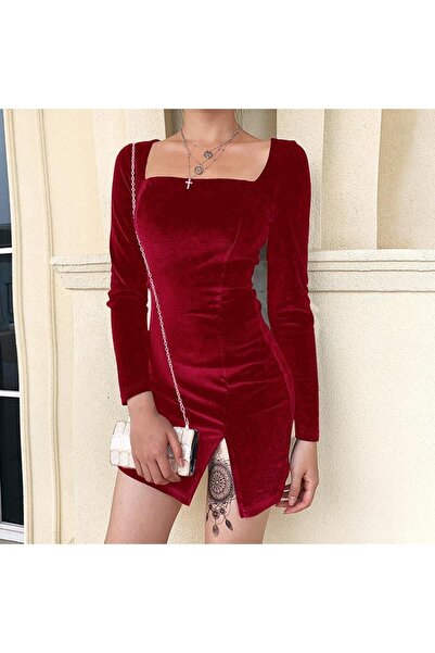 lovebox Slit Square Neck Long Sleeve Flexible Velvet Red Short Evening Dress 076