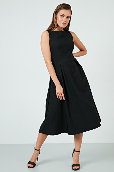 Lela Bisiklet Yaka Regular Fit Cepli Pileli Midi Elbise ELBİSE 6051963