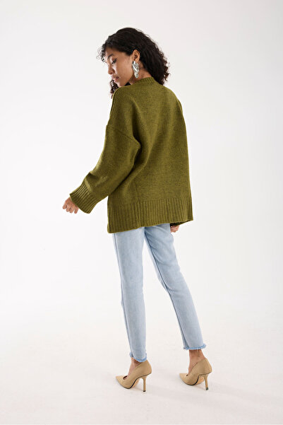 İLKCET MODA Bow Ribbon Detail Khaki Oversize Women's Long Sweater