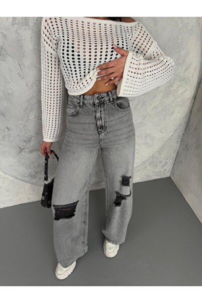 XBELLA DENİM Γυναικείο φαρδύ τζιν με ψηλόμεσο λέιζερ