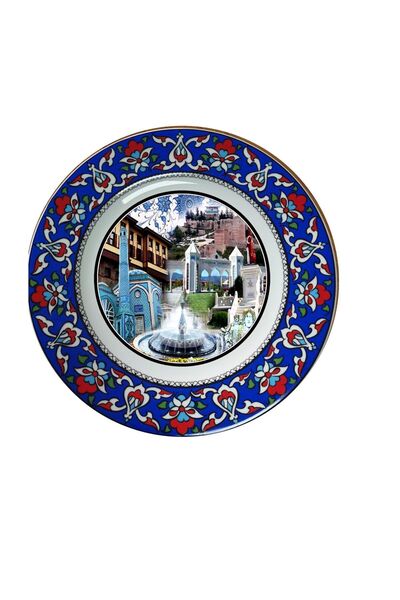 Armada Çini PRT 123 25 cm iznik mavi çiçek desenli porselen Kaligrafi çini tabak