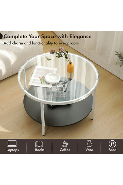 Domuik 2 Tier Glass Coffee Table, Round Large Center Table