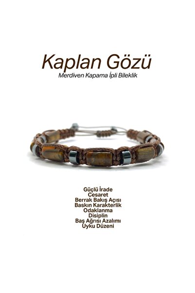OSMANLI DEĞERLİ TAŞ Sertifikalı Hakiki Orijinal Kaplan Gözü - Hematit  Doğal Taş İpli Bileklik (Köşeli Makrome Model)