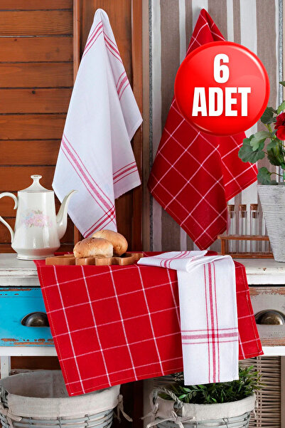 LADYNİL Набір з 6 кухонних рушників та німецька серветка 50x70 см, 100% бавовна, випрані, велика клітинка
