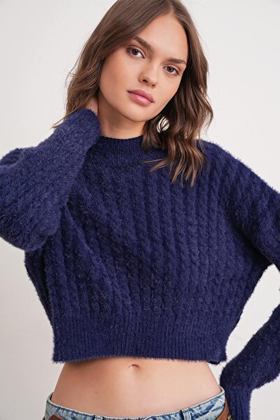 Mixray 6893 Kadın Saç Örgülü Sakallı Crop Triko Kazak Lacivert