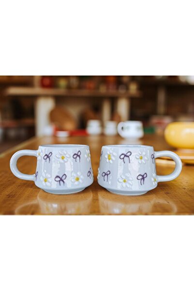 İlbay Çini Takı Ceramic Lilac Colored Bowknot White Daisy Mug Cup Double