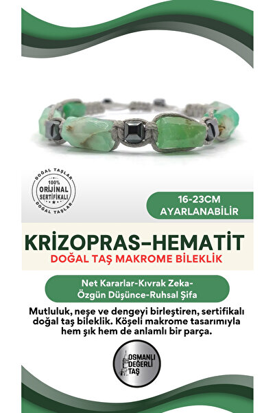 OSMANLI DEĞERLİ TAŞ Certified Genuine Original Chrysoprase - Hematite Natural Stone String Bracelet (Cornered Macrame Model)
