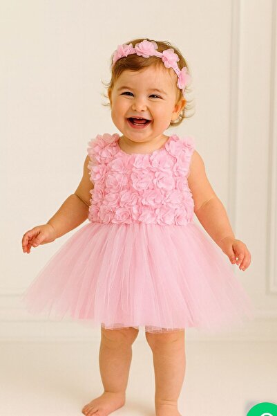 Hobidik Çocuk Açık Pembe Şifon Çiçekli Kabarık Elbise