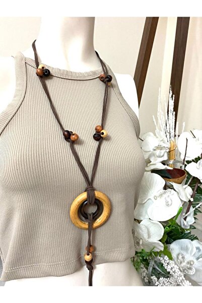canan dizayn Bohem Otantik Ahşap Büyük Halkalı Kolye Kahverengi