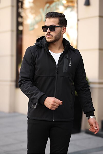 Mero Life Чорне пальто Softshell - з капюшоном, водо- та вітронепроникне, з овчини та наповнювачем з фіброволокна