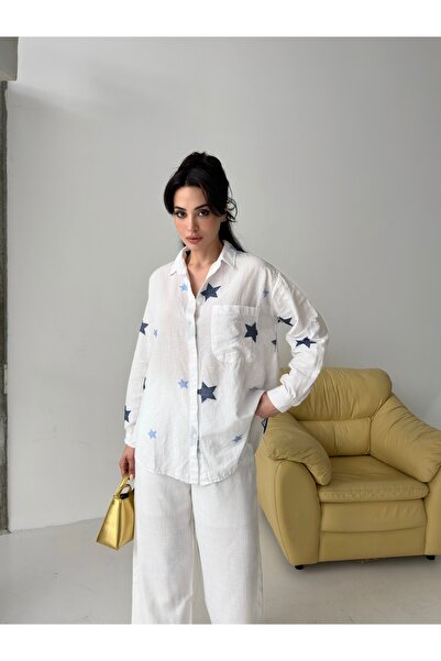 POP STORY Cămașă de damă din amestec de in brodat cu stea