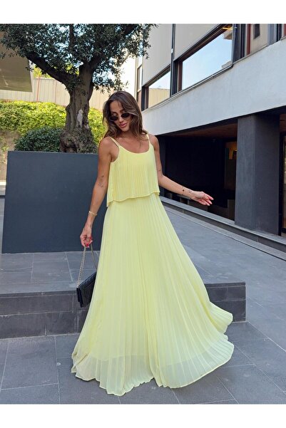 Maldia Shop Kadın Pliseli Şifon Sarı Elbise