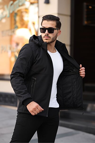 Mero Life Чорне пальто Softshell - з капюшоном, водо- та вітронепроникне, з овчини та наповнювачем з фіброволокна