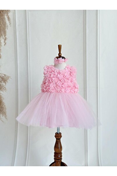 Hobidik Çocuk Açık Pembe Şifon Çiçekli Kabarık Elbise