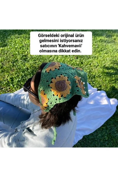 Kahvemavii Ayçiçek Motifli Yeşil Renk Örgü Bandana