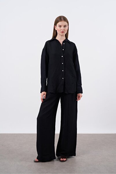 FEMMESTUDIO Women's Black Button Detailed Linen Shirt Pants Set
