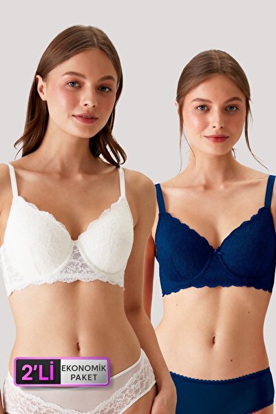 Pierre Cardin 2'li Ekonomik Paket Ekru-lacivert 6224 Barcelona Toparlayıcı Dantel Sütyen Set D Cup Seçeneğiyle