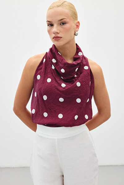 Sateen Kolsuz Puantiye Desenli Bluz - Bordo