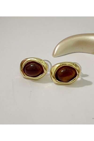 Genel Markalar Altın Kaplama Kaplan Gözü Taşlı Minimalist Tasarım Vintage Kadın Küpe