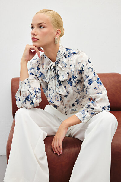 Sateen Πουκάμισο με στάμπα με κασκόλ - Μπλε Navy