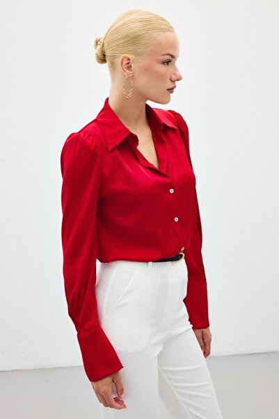Sateen Σατέν πουκάμισο με επένδυση - Κόκκινο