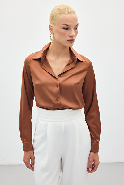 Sateen Saten Gömlek - Kahve