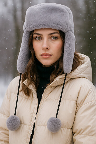 Luminos Butik Gray Plush Hat - with Pompom, Fur and Headphones, Beret Beanie1103