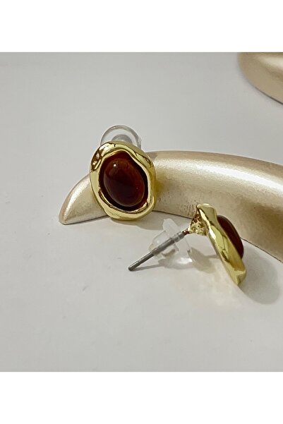 Genel Markalar Altın Kaplama Kaplan Gözü Taşlı Minimalist Tasarım Vintage Kadın Küpe