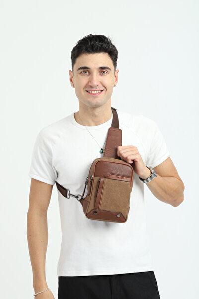 en deri Men's Black Multi-Compartment Daily Cross Strap Shoulder Bag