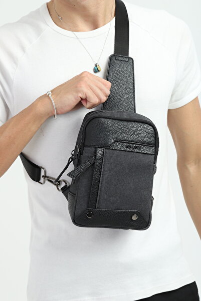 en deri Black Canvas Shoulder Bag - Men's Multi-Compartment Organizer Crossbody Bag