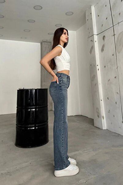 BİKELİFE Kadın Yüksek bel Esnek Soluk Efektli Palazzo Jeans