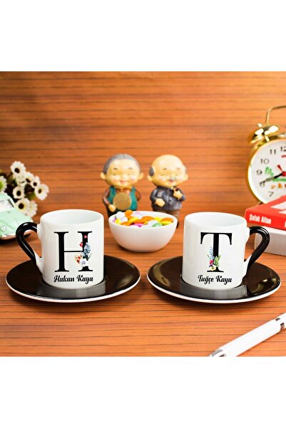 Kalemedair Kişiye Özel Siyah Kulplu 2'li Fincan Seti - Harf