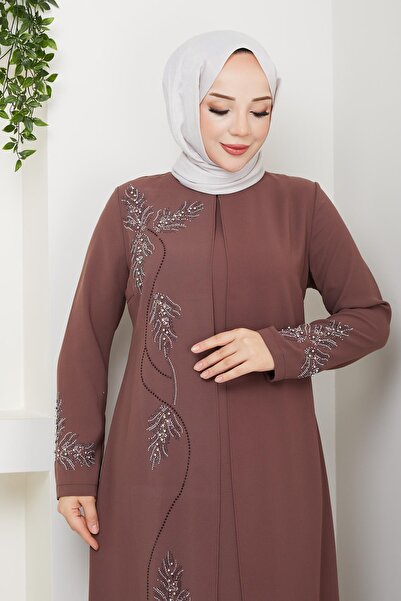 ESLEMNUR Büyük Beden Yaprak Taşlı Anne Elbisesi En7008