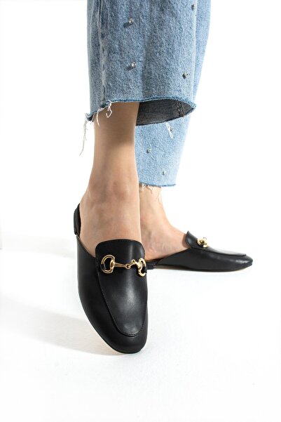 diclepolat Γυναικείες μαύρες παντόφλες Loafer με χρυσή μεταλλική αγκράφα Meniz