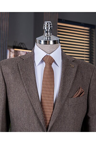 TerziAdemAltun Ανδρικό μονό μπουφάν καφέ T13510 με λεπτή εφαρμογή ιταλικού στυλ 4 drop mono γιακά