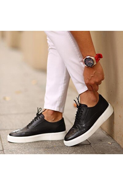 SailLakers - Μαύρα δερμάτινα ανδρικά παπούτσια casual με κορδόνια 101-7033-HE1065
