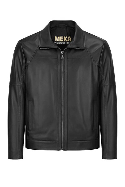 Meka Deri سترة رجالية ذات ياقة قميص سوداء من الجلد الطبيعي