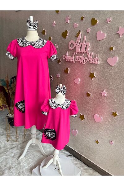 NA ADDESIGN Anne Kız Canlı Pembe Elbise (sepete Ayrı Eklenmelidir)