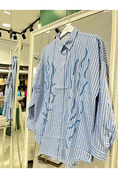 MERAM BUTİK Adn Striped Poplin Shirt - Blue - 3