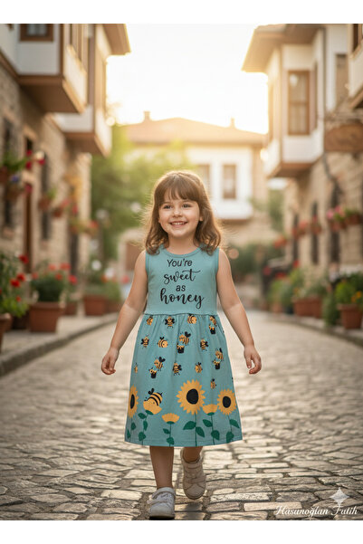 Akkuzu Kids Κοριτσίστικο φόρεμα από χτενισμένο βαμβάκι με σχέδιο μέλισσας με επιλογές χρώματος μαύρο και μπλε