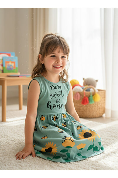 Akkuzu Kids Κοριτσίστικο φόρεμα από χτενισμένο βαμβάκι με σχέδιο μέλισσας με επιλογές χρώματος μαύρο και μπλε