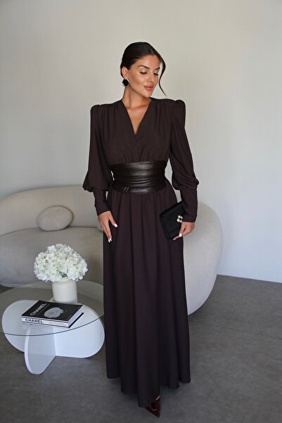 Julidress Hnědé kožené korzetové šaty s vycpávkou v pase, maxi dlouhé, prémiové designové šaty