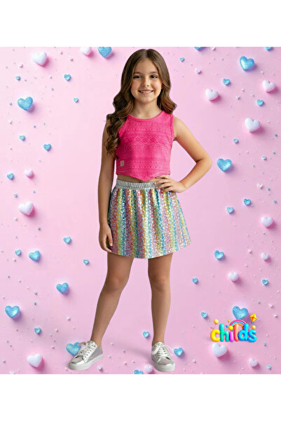 childs Bottom Top Double Summer Girls' Suit Crop Devore Top Leopard Pattern Printed Shiny Skirt