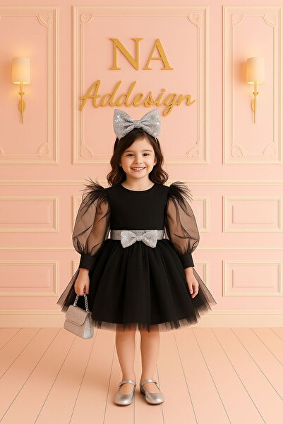 NA ADDESIGN Κοριτσίστικο βραδινό φόρεμα με μαύρα μανίκια από τούλι με λεπτομέ...